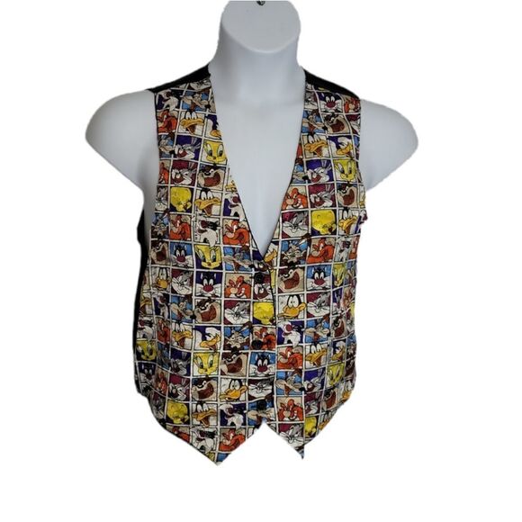 VINTAGE 90s vest Looney Tunes Warner Bros character tile button up tie back S/M - Picture 1 of 7